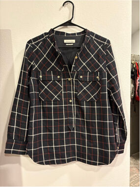 Isabel Marant Etoile Plaid Wool Blend Tunic Shirt Black Burgundy FR 40